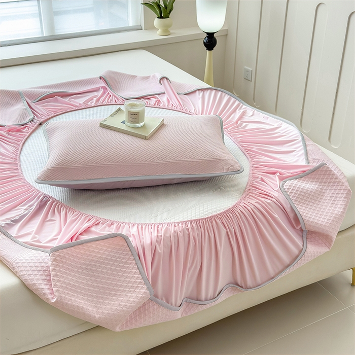 91家纺网 家纺一手货源 找家纺 乐家欣 2026新款凉感冰丝床席床笠四件套 冰丝床笠款-蜜桃粉