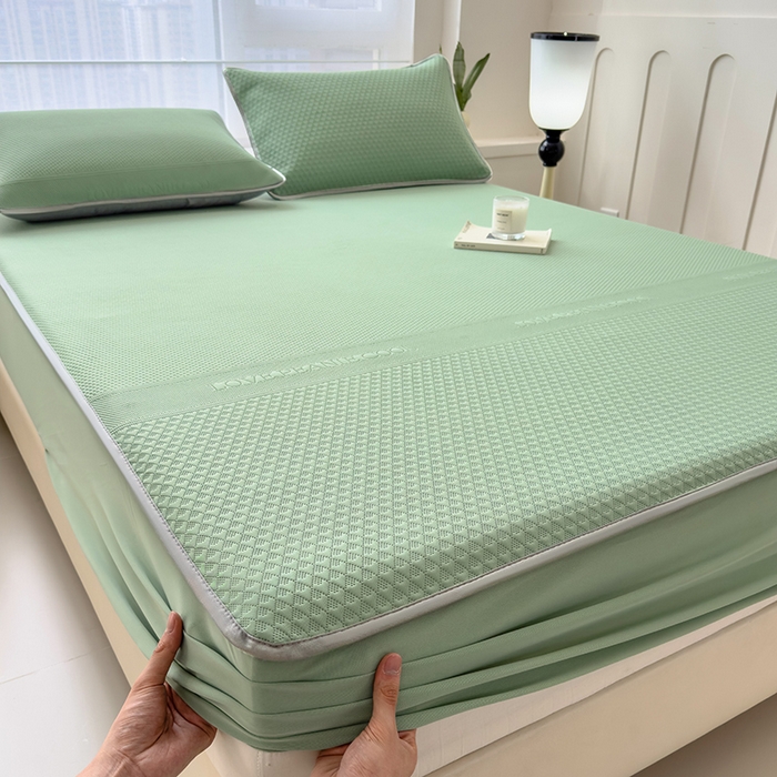 91家纺网 家纺一手货源 找家纺 乐家欣 2026新款凉感冰丝床席床笠四件套 冰丝床笠款-松绿