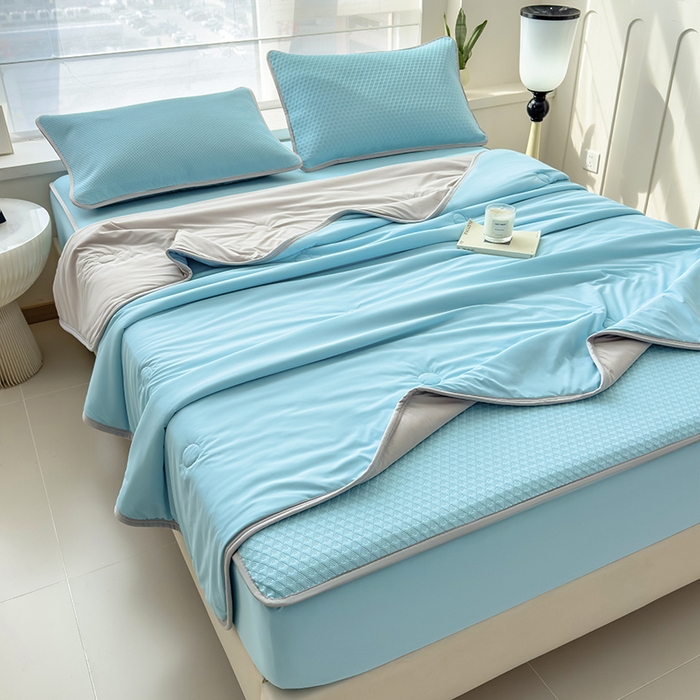 91家纺网 家纺一手货源 找家纺 乐家欣 2026新款凉感冰丝床席床笠四件套 冰丝床笠款-清水蓝