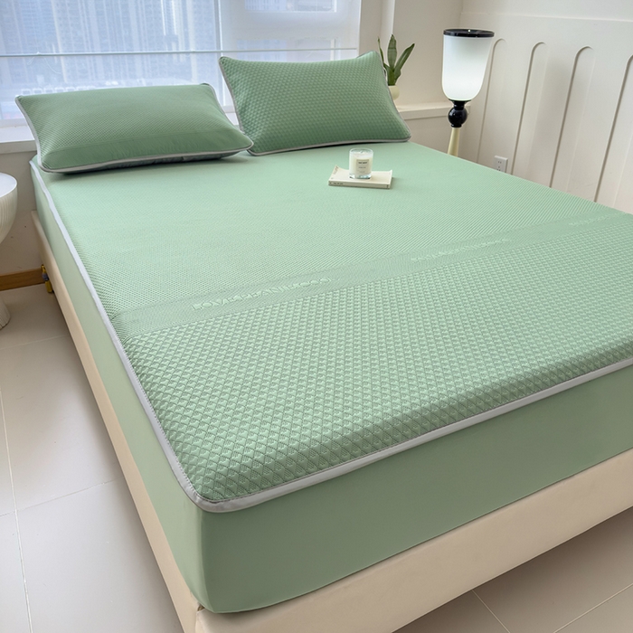 91家纺网 家纺一手货源 找家纺 乐家欣 2026新款凉感冰丝床席床笠四件套 冰丝床笠款-松绿