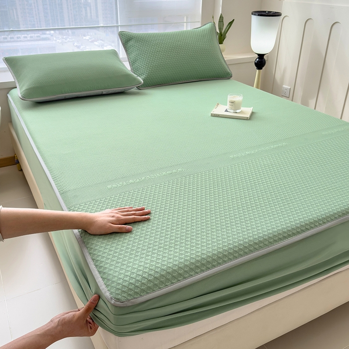 91家纺网 家纺一手货源 找家纺 乐家欣 2026新款凉感冰丝床席床笠四件套 冰丝床笠款-松绿