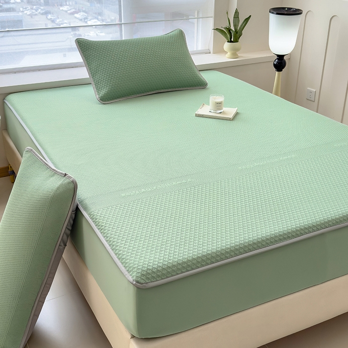 91家纺网 家纺一手货源 找家纺 乐家欣 2026新款凉感冰丝床席床笠四件套 冰丝床笠款-松绿