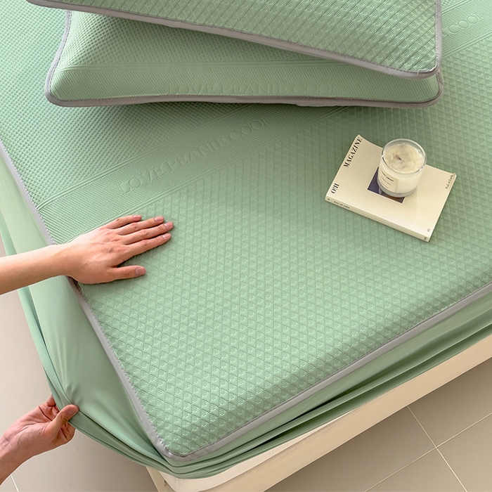 91家纺网 家纺一手货源 找家纺 乐家欣 2026新款凉感冰丝床席床笠四件套 冰丝床笠款-松绿