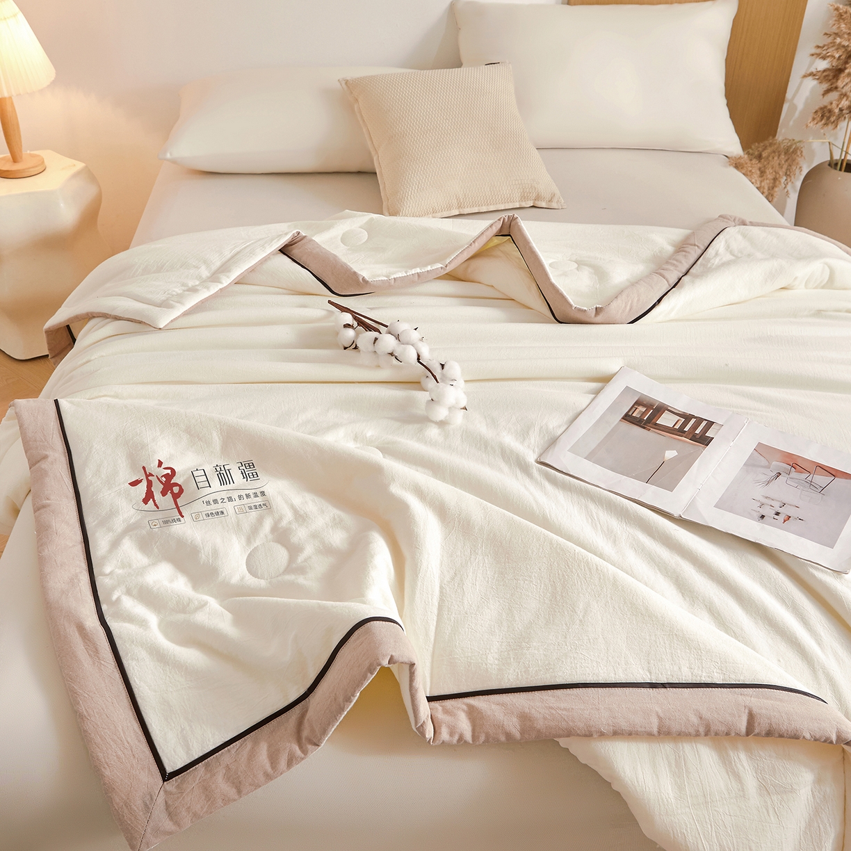 91家纺网 家纺一手货源 找家纺 创优家纺 2026新款新疆棉花夏被无印风纯色100%新疆棉夏凉被空调被棉花夏被棉花被子百分百新疆棉可水洗/可机洗棉花被（专版烫画 盗版必究） 棉朵-米白