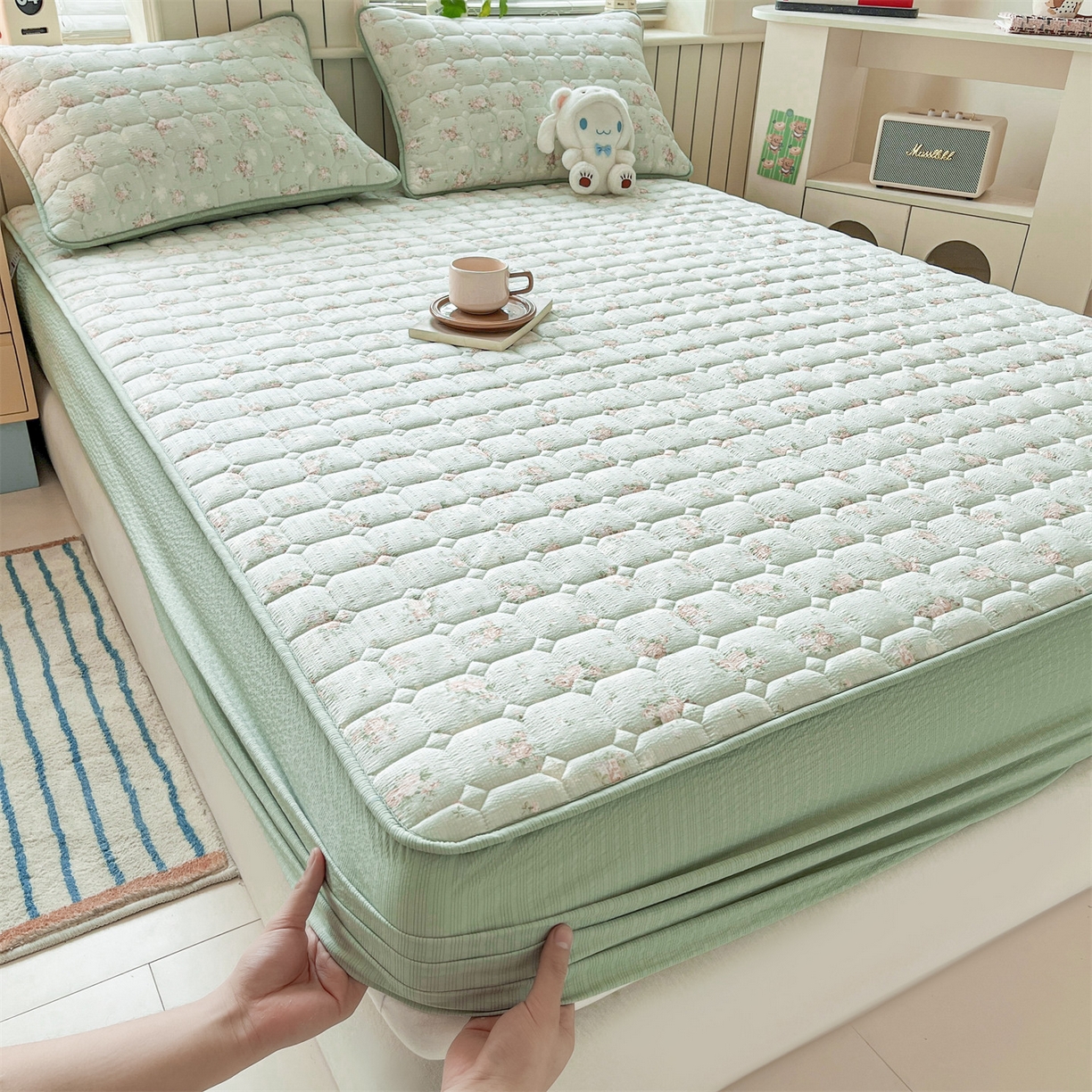 91家纺网 家纺一手货源 找家纺 优眠坊 2026新款亲肤泡芙纱夹棉单床笠床笠单件单品床笠三件套 柔情蜜意-夹棉款