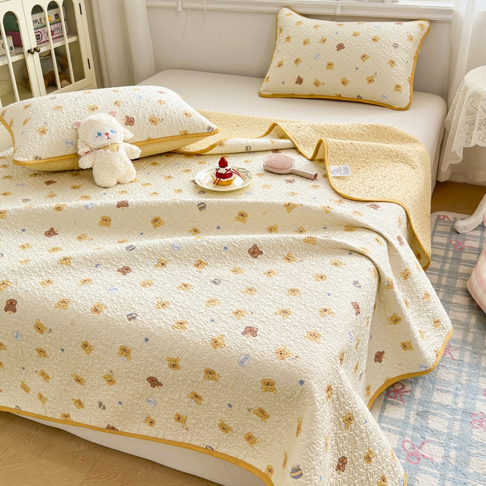 绵庭家纺 2026新款全棉印花夹棉床盖三件套 跳跳蜜罐-米