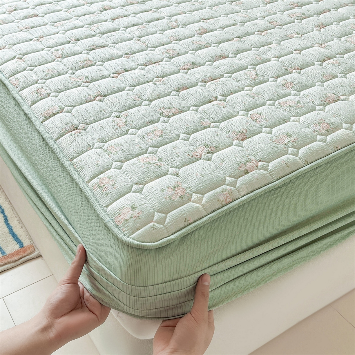 91家纺网 家纺一手货源 找家纺 优眠坊 2026新款亲肤泡芙纱夹棉单床笠床笠单件单品床笠三件套 柔情蜜意-夹棉款