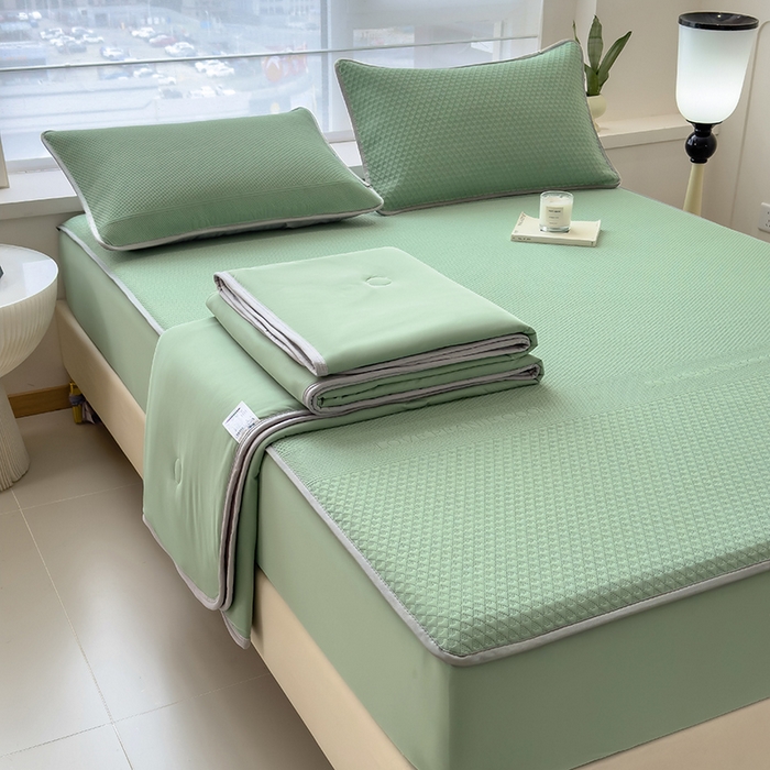 91家纺网 家纺一手货源 找家纺 乐家欣 2026新款凉感冰丝床席床笠四件套 冰丝床笠款-松绿