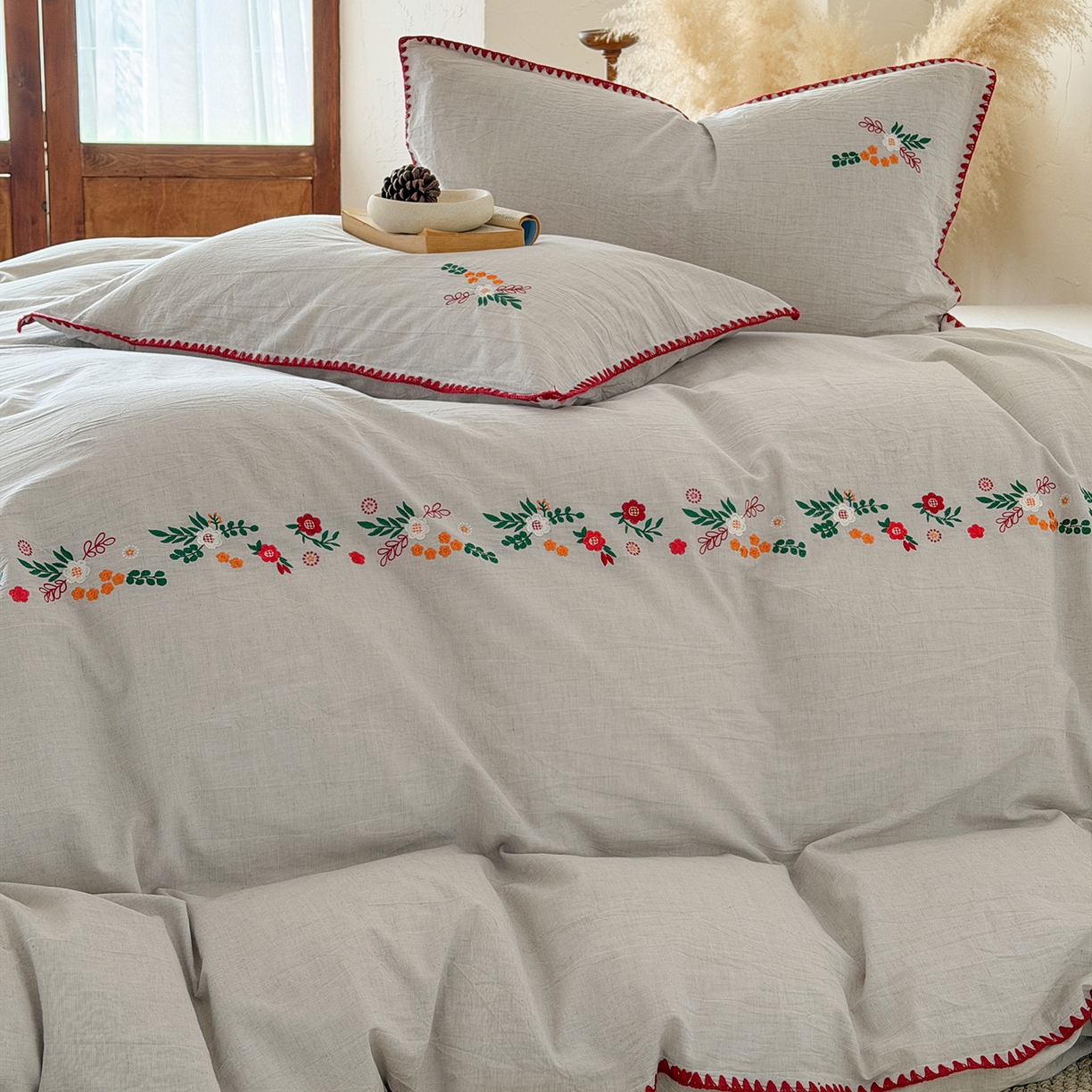 91家纺网 家纺一手货源 找家纺 （总）淑女公社家纺 2026春夏新款贝壳边刺绣绣花棉麻四件套-柔朴乡野