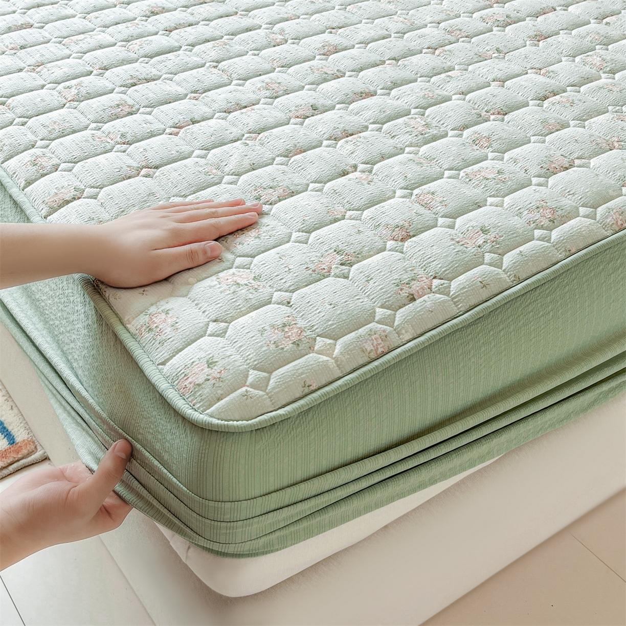 91家纺网 家纺一手货源 找家纺 优眠坊 2026新款亲肤泡芙纱夹棉单床笠床笠单件单品床笠三件套 柔情蜜意-夹棉款