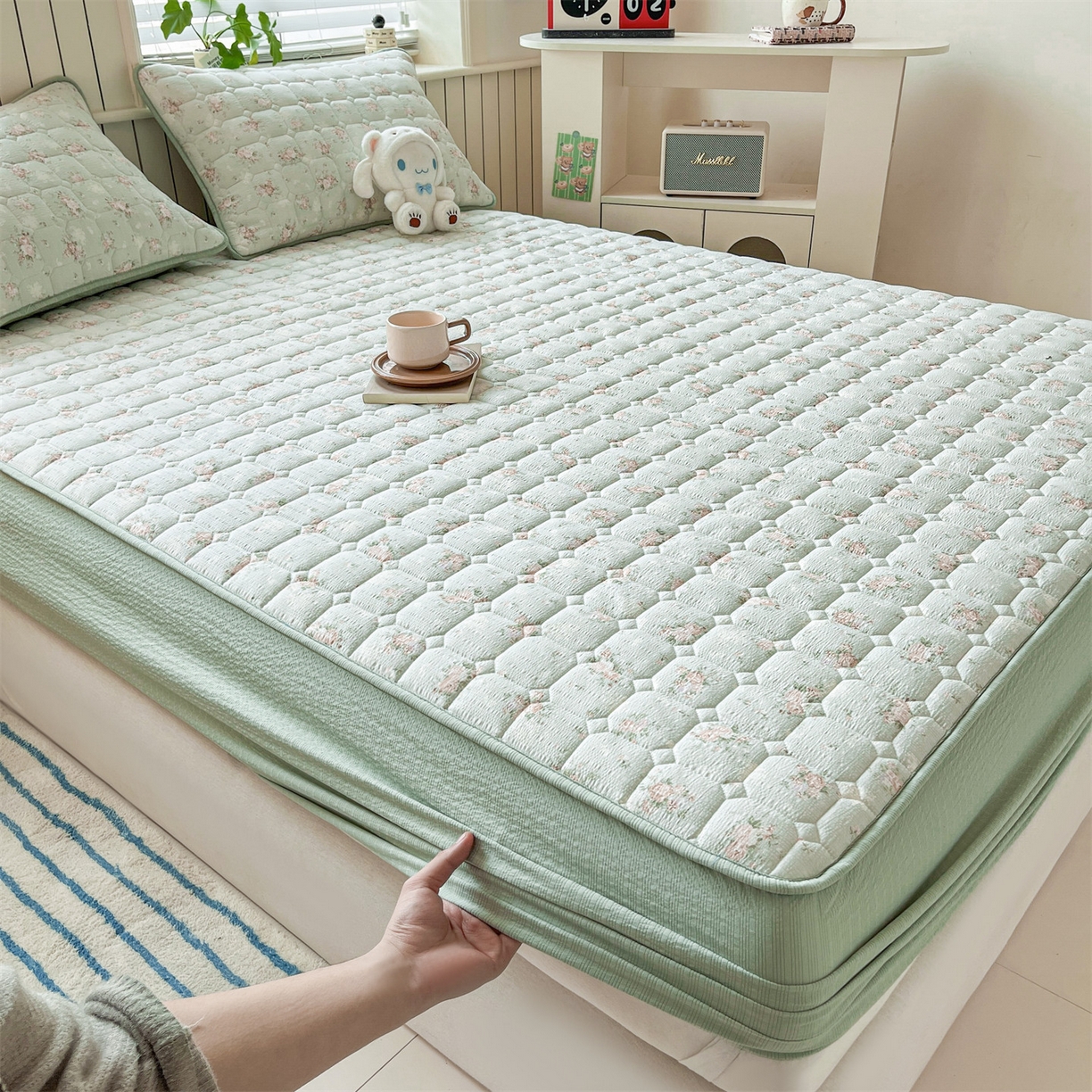 91家纺网 家纺一手货源 找家纺 优眠坊 2026新款亲肤泡芙纱夹棉单床笠床笠单件单品床笠三件套 柔情蜜意-夹棉款