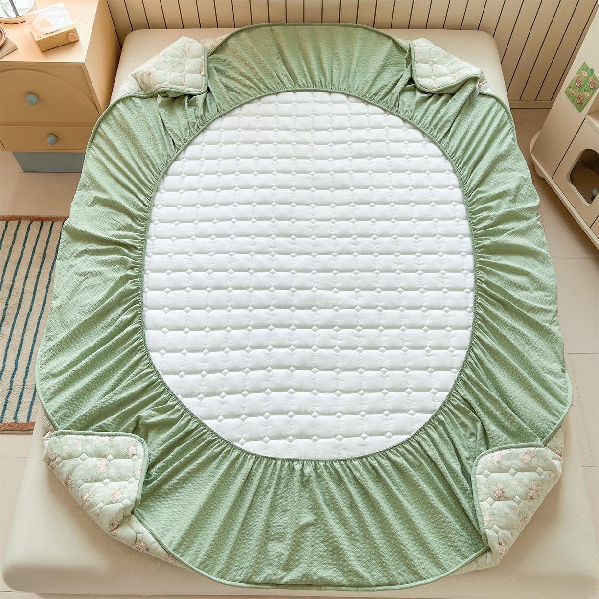 91家纺网 家纺一手货源 找家纺 优眠坊 2026新款亲肤泡芙纱夹棉单床笠床笠单件单品床笠三件套 柔情蜜意-夹棉款