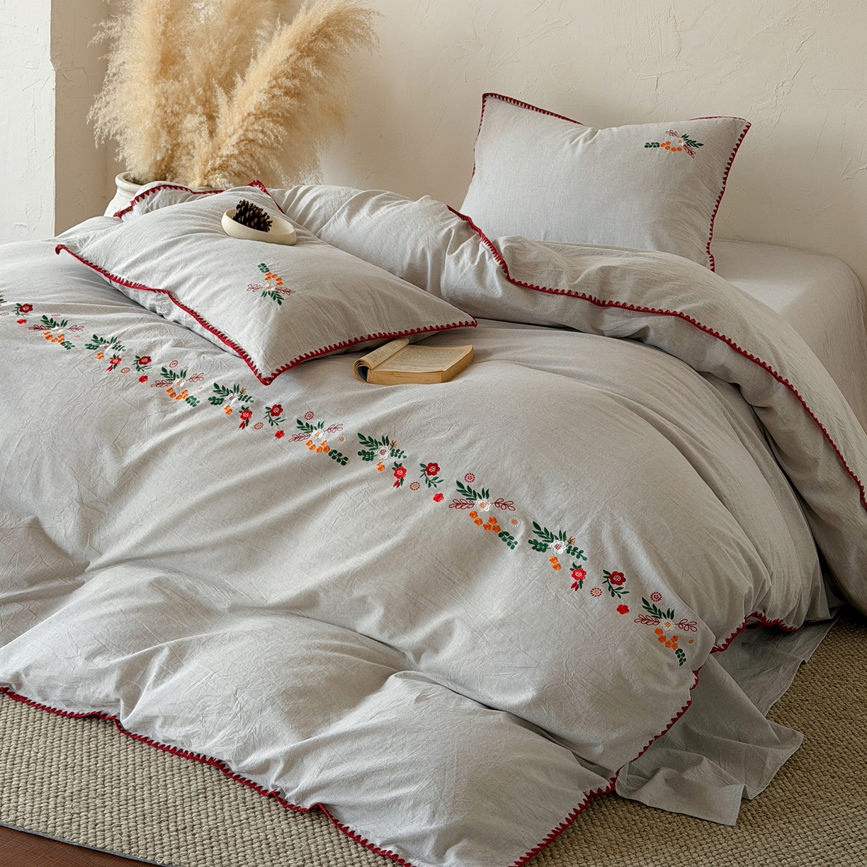 91家纺网 家纺一手货源 找家纺 （总）淑女公社家纺 2026春夏新款贝壳边刺绣绣花棉麻四件套-柔朴乡野