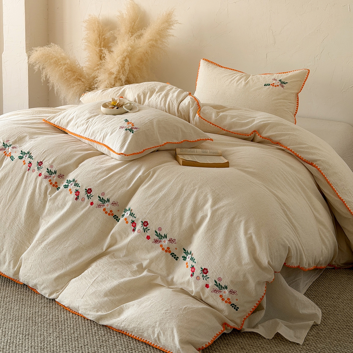 淑女公社家纺 2026春夏新款贝壳边刺绣绣花棉麻四件套-柔朴乡野 柔朴乡野 本白