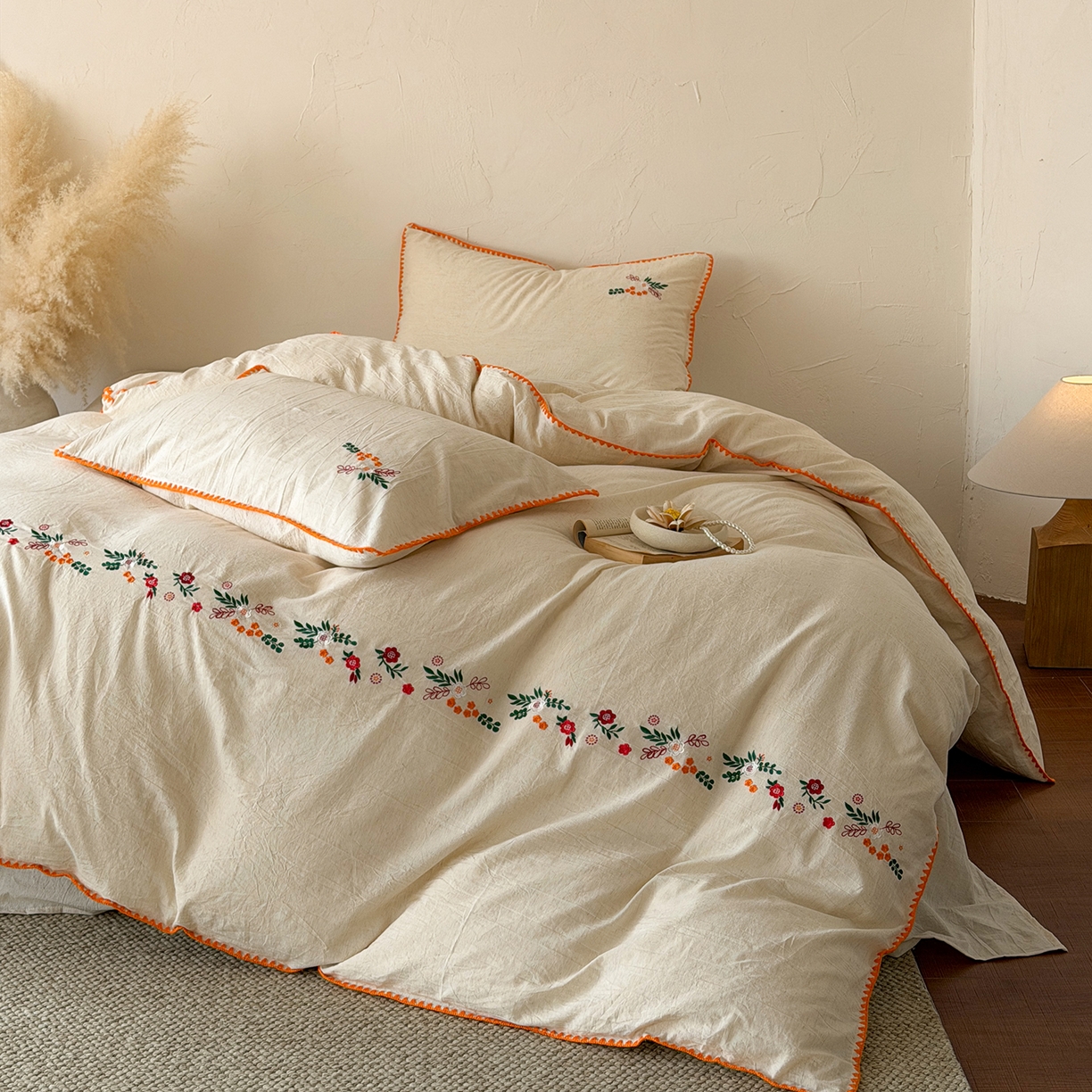 91家纺网 家纺一手货源 找家纺 淑女公社家纺 2026春夏新款贝壳边刺绣绣花棉麻四件套-柔朴乡野 柔朴乡野 本白