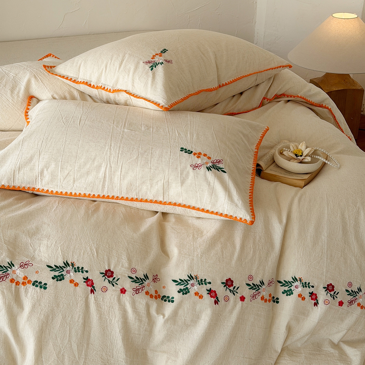 91家纺网 家纺一手货源 找家纺 淑女公社家纺 2026春夏新款贝壳边刺绣绣花棉麻四件套-柔朴乡野 柔朴乡野 本白