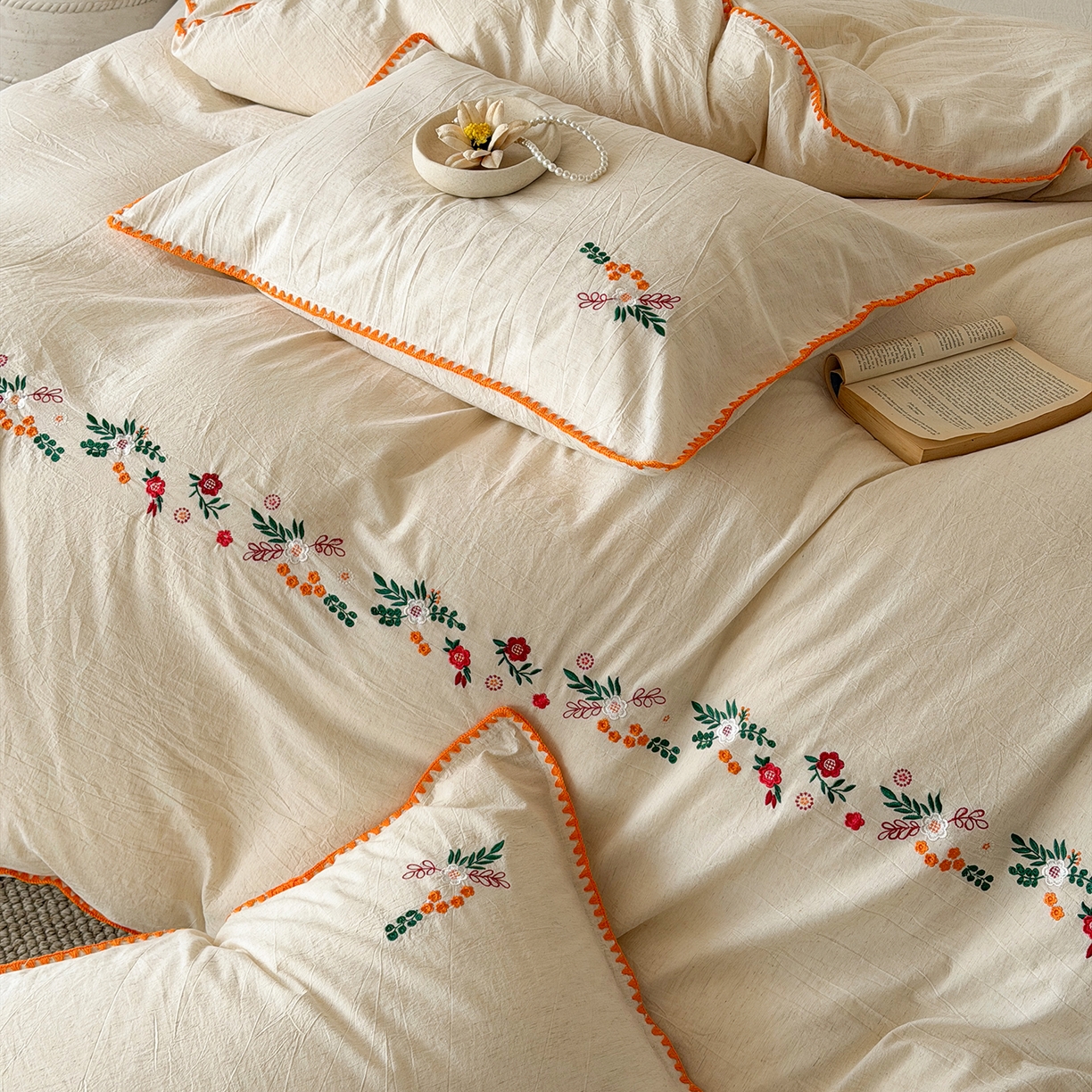 91家纺网 家纺一手货源 找家纺 淑女公社家纺 2026春夏新款贝壳边刺绣绣花棉麻四件套-柔朴乡野 柔朴乡野 本白