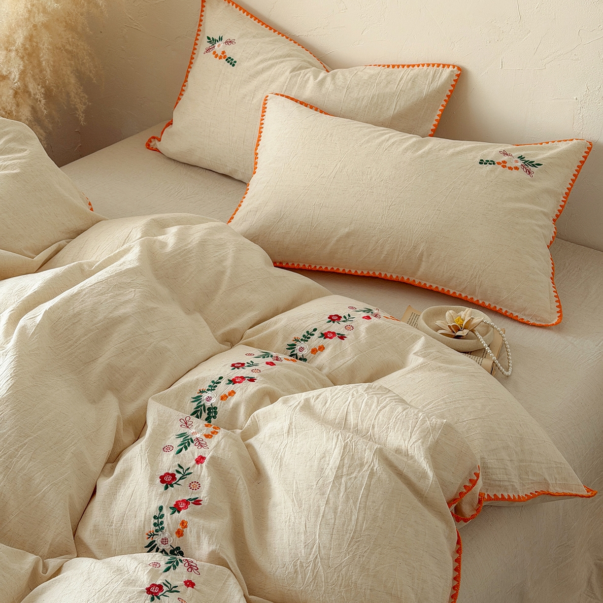 91家纺网 家纺一手货源 找家纺 淑女公社家纺 2026春夏新款贝壳边刺绣绣花棉麻四件套-柔朴乡野 柔朴乡野 本白