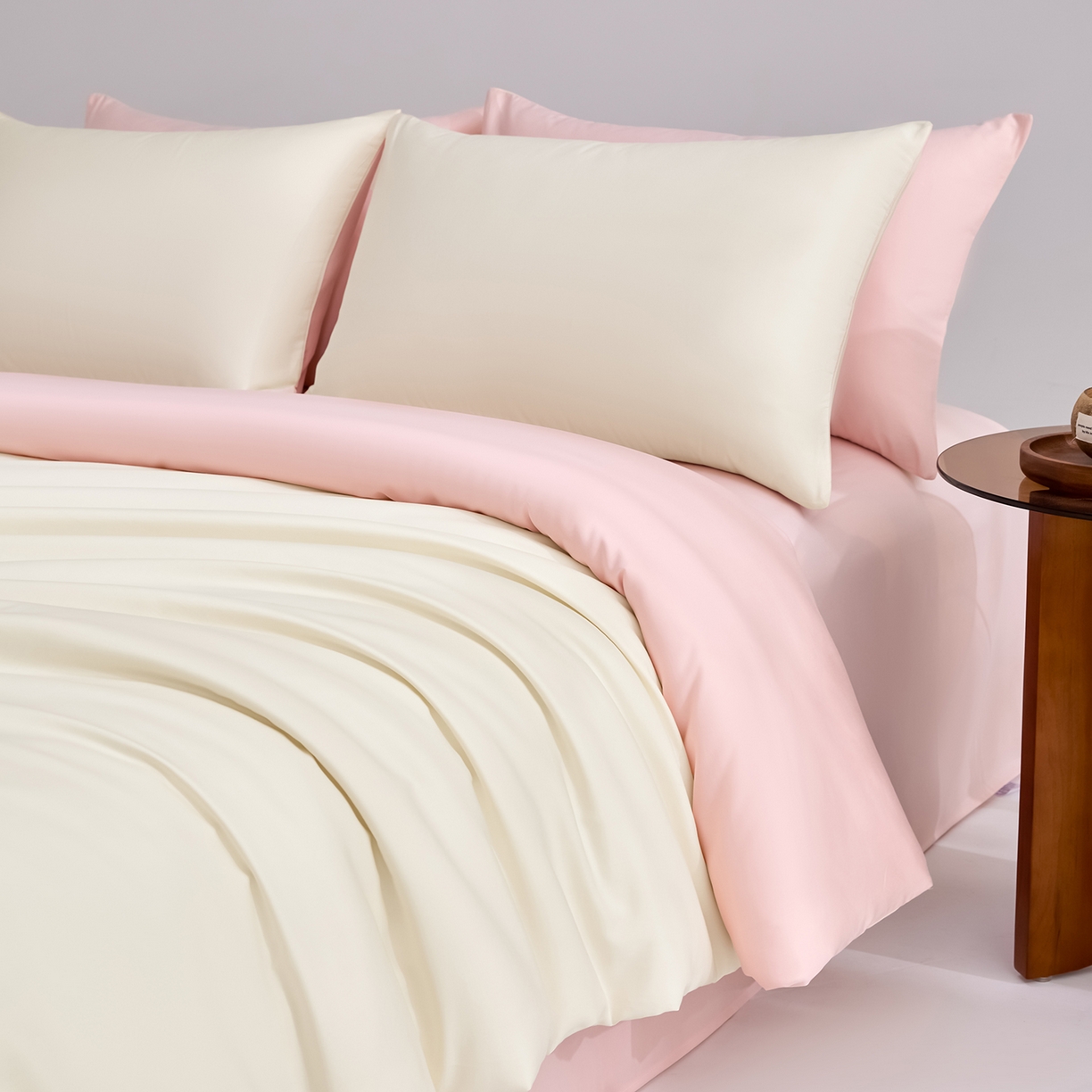 91家纺网 家纺一手货源 找家纺 合欢（原天一阁） 2026新款50s双股长绒棉全棉纯棉纯色四件套 流苏白+暖心粉