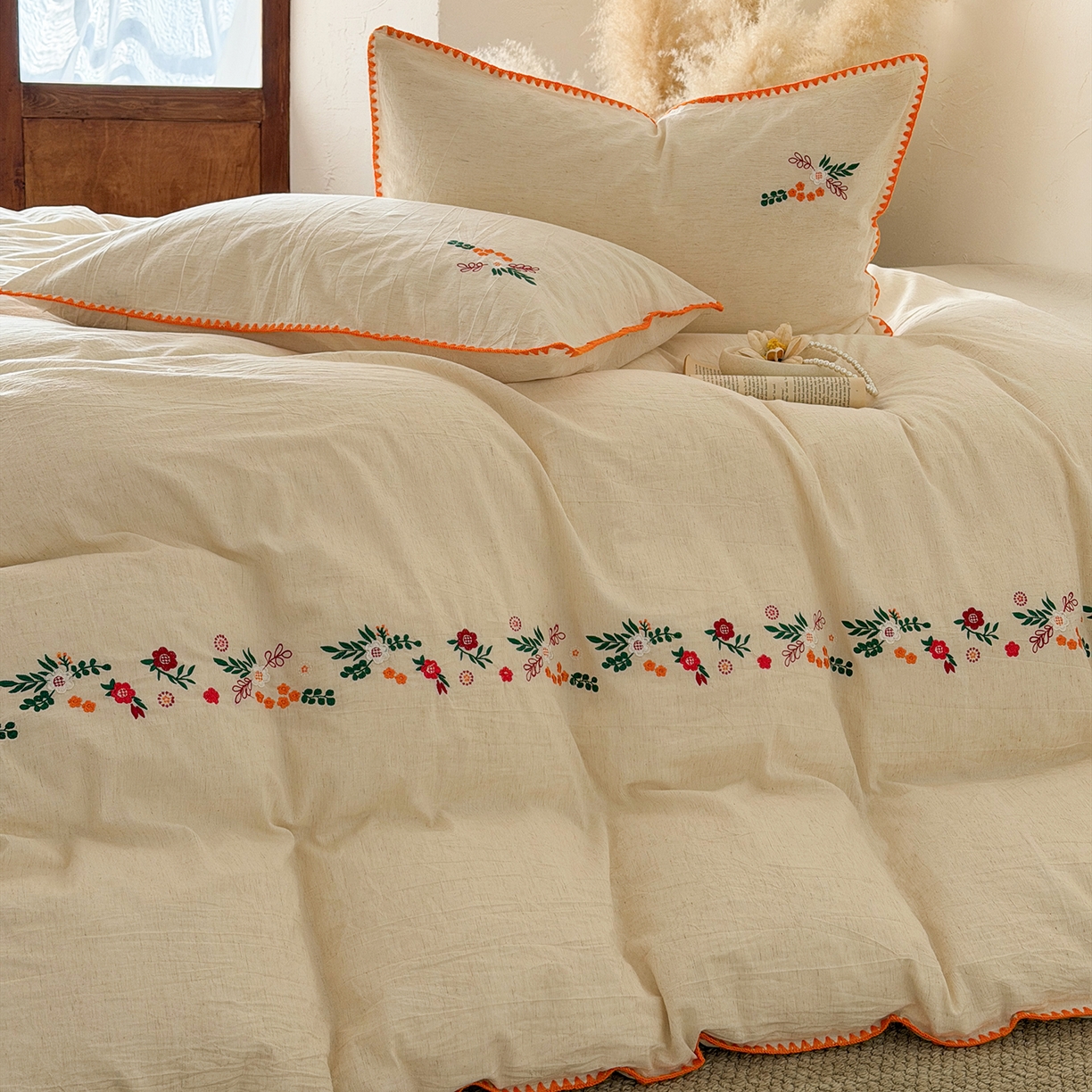 91家纺网 家纺一手货源 找家纺 淑女公社家纺 2026春夏新款贝壳边刺绣绣花棉麻四件套-柔朴乡野 柔朴乡野 本白