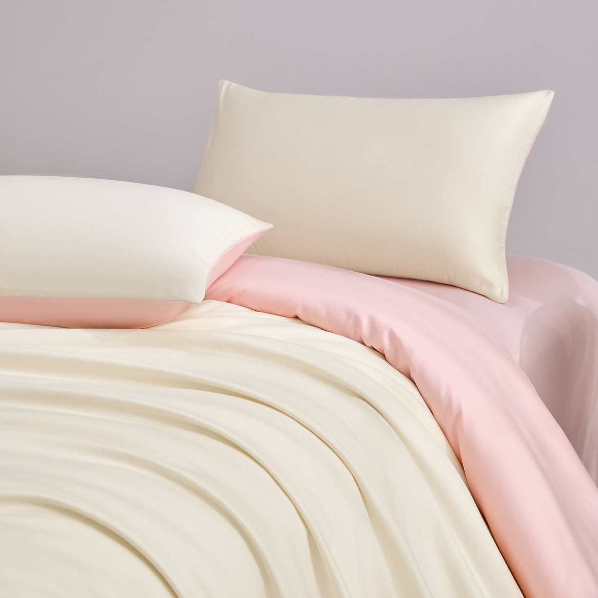 91家纺网 家纺一手货源 找家纺 合欢（原天一阁） 2026新款50s双股长绒棉全棉纯棉纯色四件套 流苏白+暖心粉