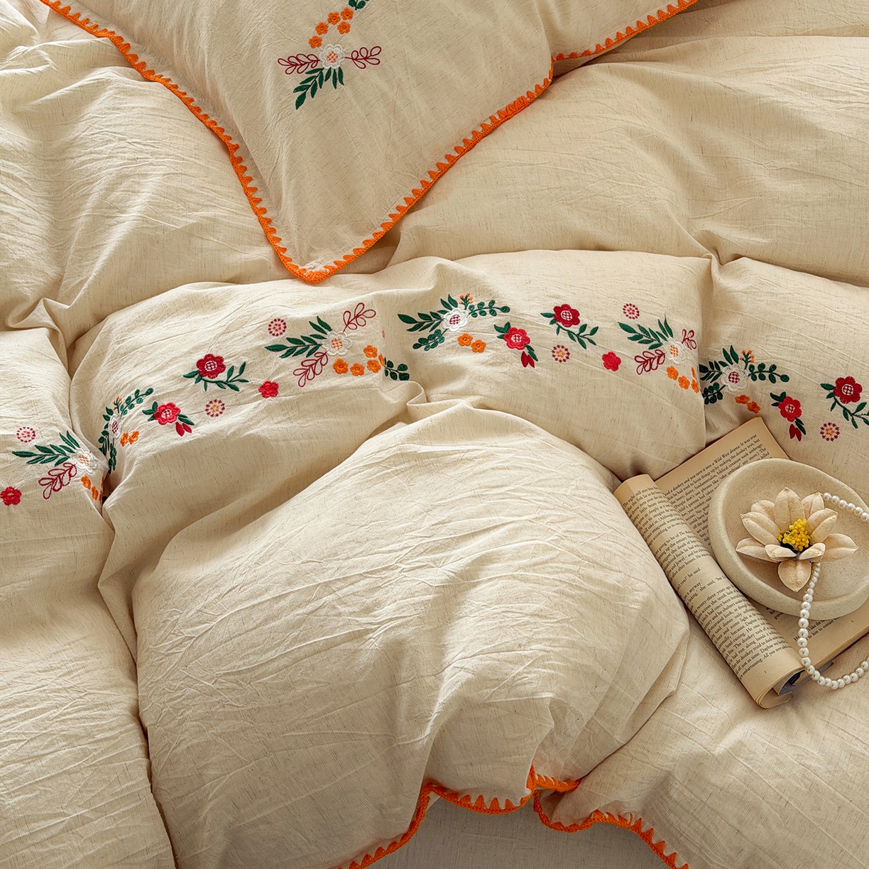 91家纺网 家纺一手货源 找家纺 淑女公社家纺 2026春夏新款贝壳边刺绣绣花棉麻四件套-柔朴乡野 柔朴乡野 本白