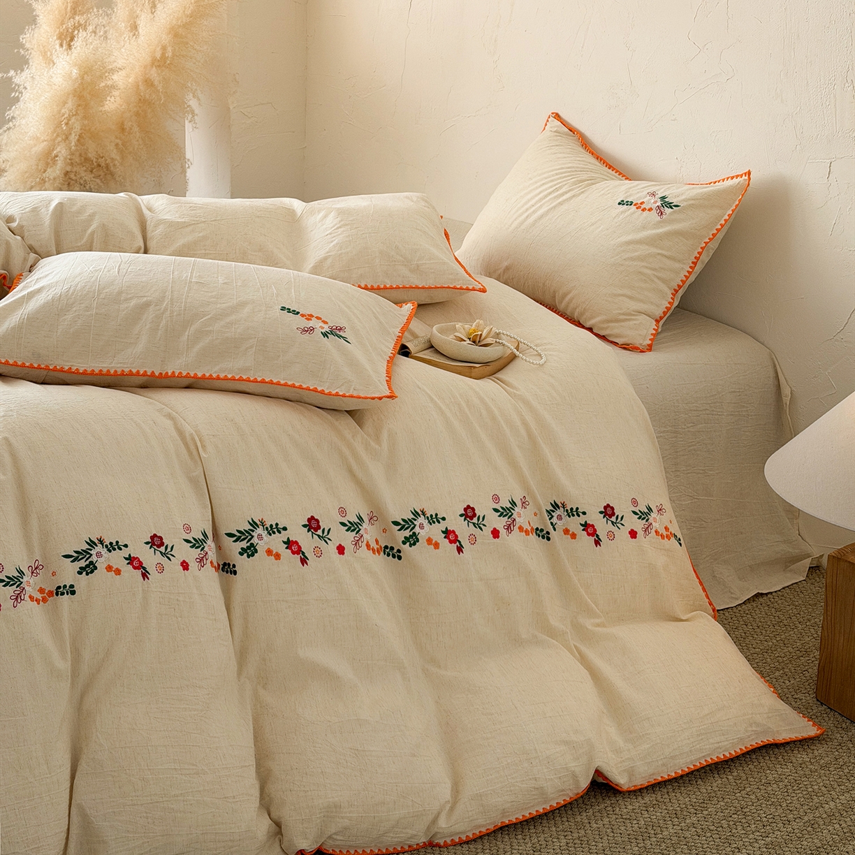 91家纺网 家纺一手货源 找家纺 淑女公社家纺 2026春夏新款贝壳边刺绣绣花棉麻四件套-柔朴乡野 柔朴乡野 本白