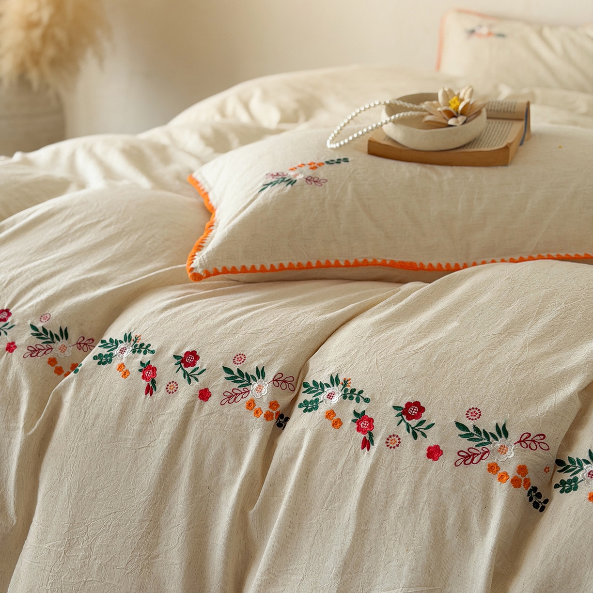 91家纺网 家纺一手货源 找家纺 淑女公社家纺 2026春夏新款贝壳边刺绣绣花棉麻四件套-柔朴乡野 柔朴乡野 本白