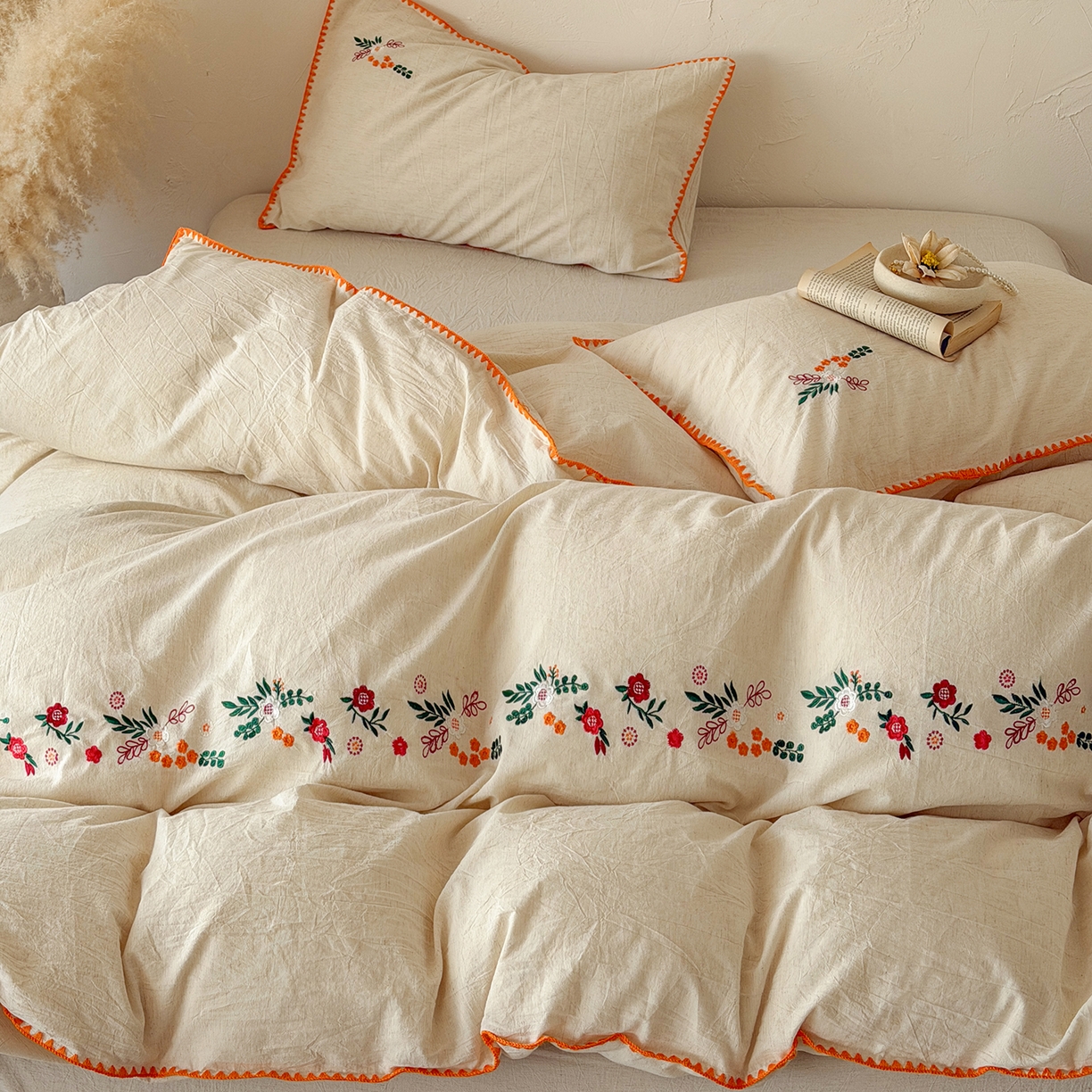 91家纺网 家纺一手货源 找家纺 淑女公社家纺 2026春夏新款贝壳边刺绣绣花棉麻四件套-柔朴乡野 柔朴乡野 本白