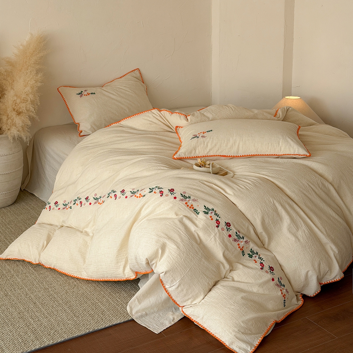 91家纺网 家纺一手货源 找家纺 淑女公社家纺 2026春夏新款贝壳边刺绣绣花棉麻四件套-柔朴乡野 柔朴乡野 本白