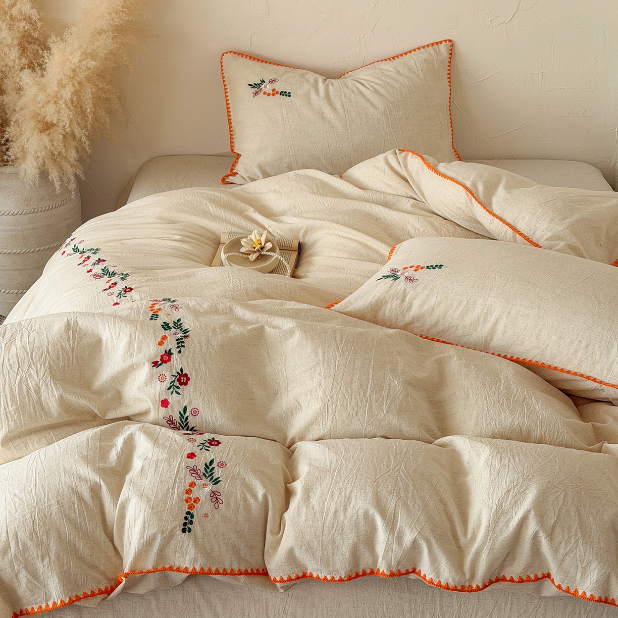 91家纺网 家纺一手货源 找家纺 淑女公社家纺 2026春夏新款贝壳边刺绣绣花棉麻四件套-柔朴乡野 柔朴乡野 本白