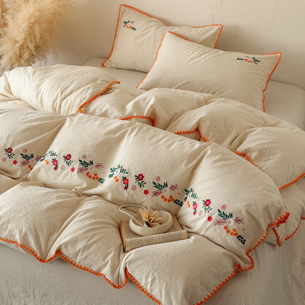 91家纺网 家纺一手货源 找家纺 淑女公社家纺 2026春夏新款贝壳边刺绣绣花棉麻四件套-柔朴乡野 柔朴乡野 本白