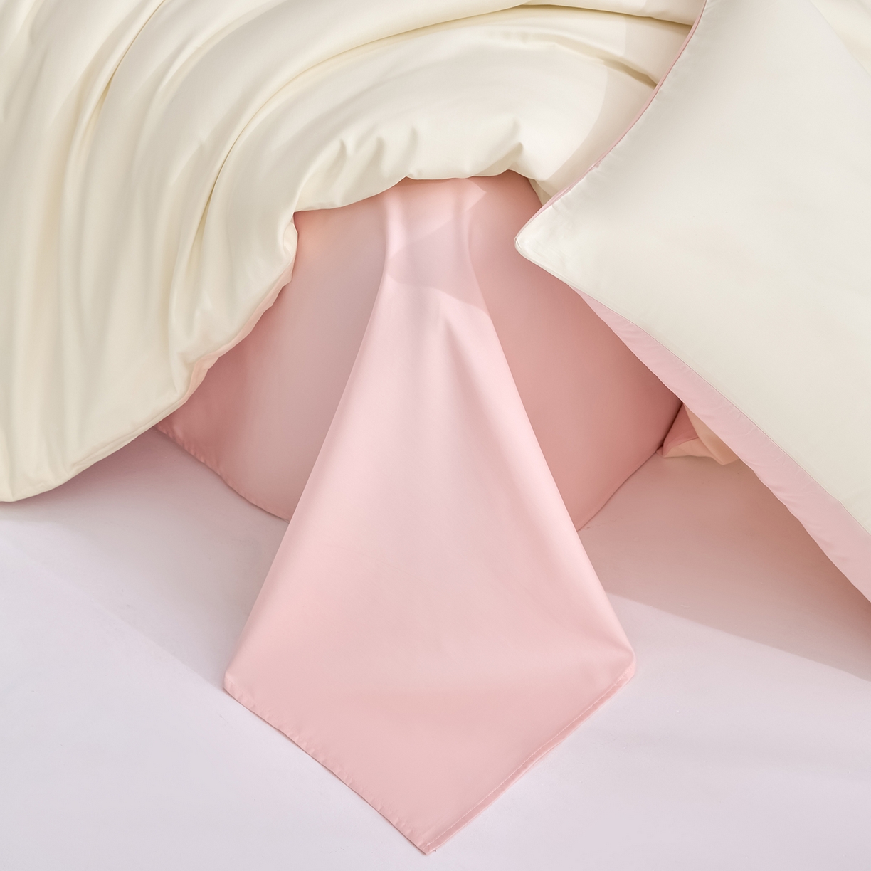 91家纺网 家纺一手货源 找家纺 合欢（原天一阁） 2026新款50s双股长绒棉全棉纯棉纯色四件套 流苏白+暖心粉