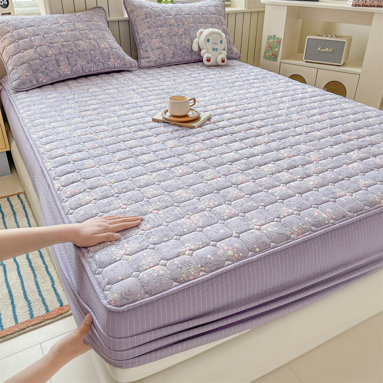 优眠坊 2026新款亲肤泡芙纱夹棉单床笠床笠单件单品床笠三件套 柔紫碎花-夹棉款