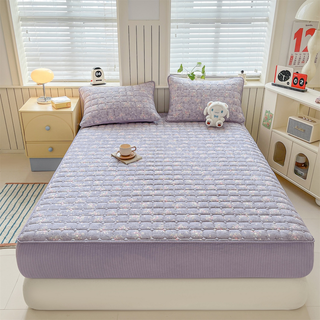 91家纺网 家纺一手货源 找家纺 优眠坊 2026新款亲肤泡芙纱夹棉单床笠床笠单件单品床笠三件套 柔紫碎花-夹棉款