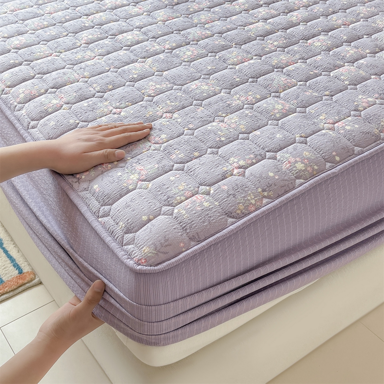 91家纺网 家纺一手货源 找家纺 优眠坊 2026新款亲肤泡芙纱夹棉单床笠床笠单件单品床笠三件套 柔紫碎花-夹棉款