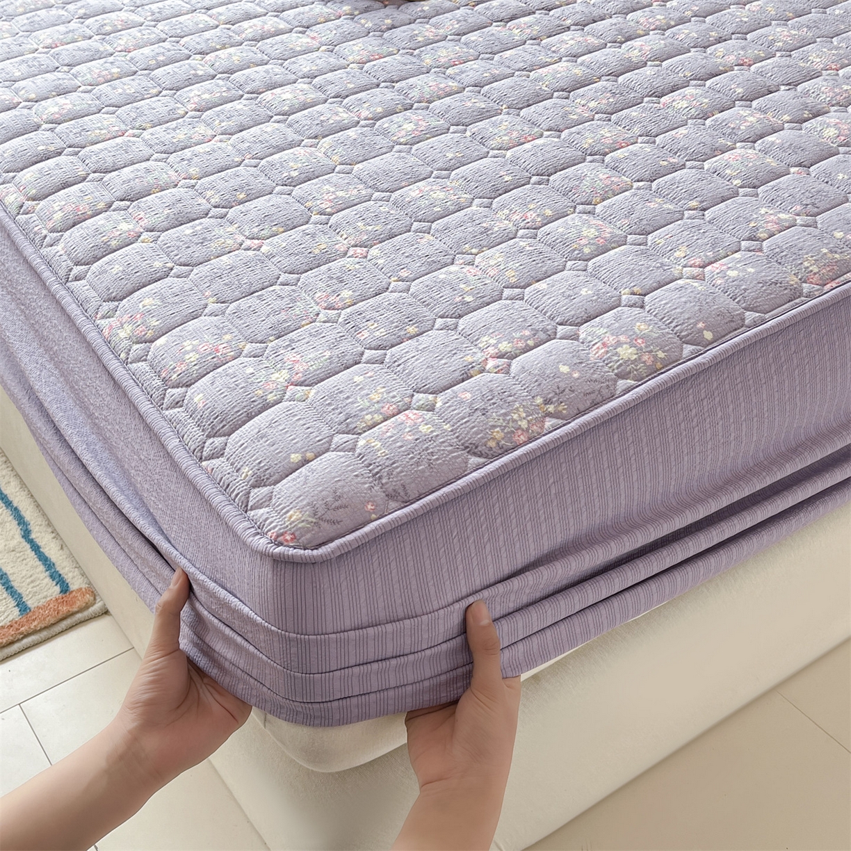 91家纺网 家纺一手货源 找家纺 优眠坊 2026新款亲肤泡芙纱夹棉单床笠床笠单件单品床笠三件套 柔紫碎花-夹棉款