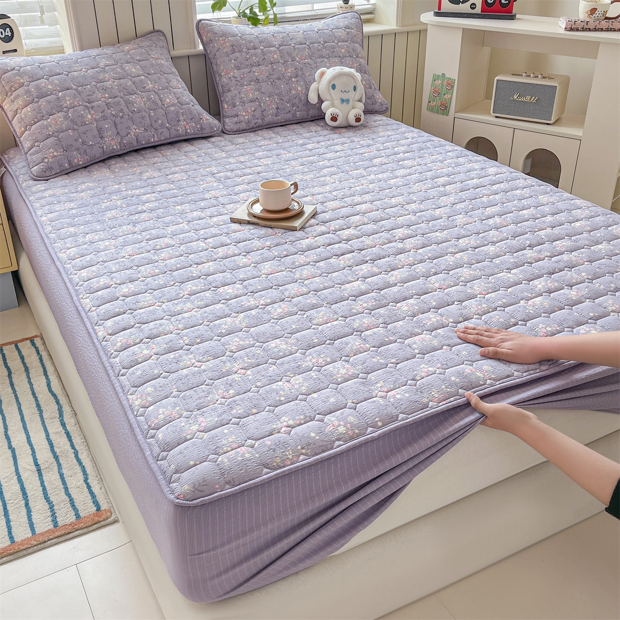 91家纺网 家纺一手货源 找家纺 优眠坊 2026新款亲肤泡芙纱夹棉单床笠床笠单件单品床笠三件套 柔紫碎花-夹棉款