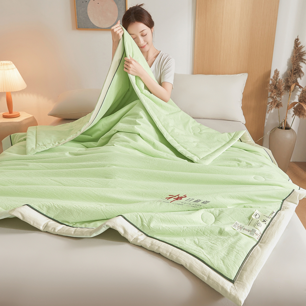 91家纺网 家纺一手货源 找家纺 创优家纺 2026新款新疆棉花夏被无印风纯色100%新疆棉夏凉被空调被棉花夏被棉花被子百分百新疆棉可水洗/可机洗棉花被（专版烫画 盗版必究） 棉朵-奶白绿
