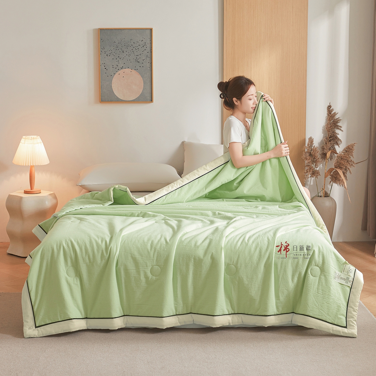 91家纺网 家纺一手货源 找家纺 创优家纺 2026新款新疆棉花夏被无印风纯色100%新疆棉夏凉被空调被棉花夏被棉花被子百分百新疆棉可水洗/可机洗棉花被（专版烫画 盗版必究） 棉朵-奶白绿