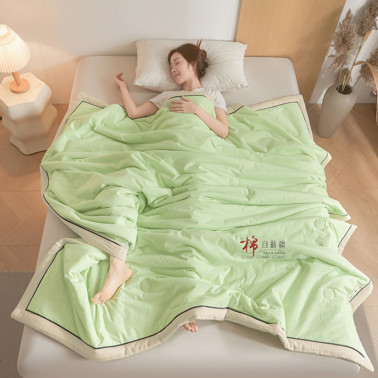 91家纺网 家纺一手货源 找家纺 创优家纺 2026新款新疆棉花夏被无印风纯色100%新疆棉夏凉被空调被棉花夏被棉花被子百分百新疆棉可水洗/可机洗棉花被（专版烫画 盗版必究） 棉朵-奶白绿