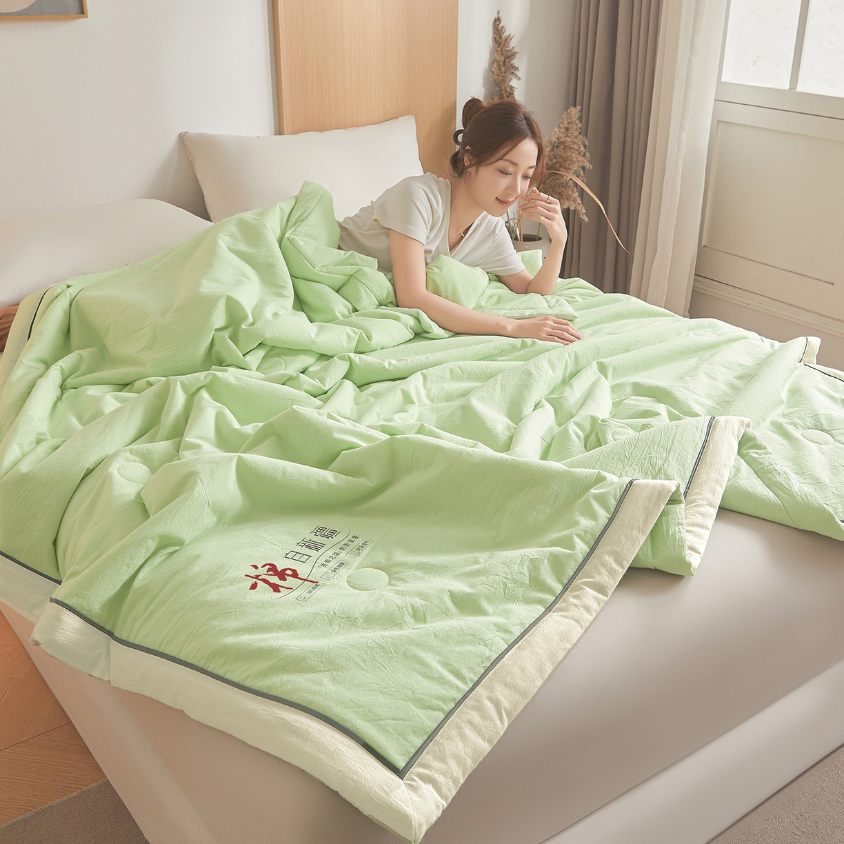91家纺网 家纺一手货源 找家纺 创优家纺 2026新款新疆棉花夏被无印风纯色100%新疆棉夏凉被空调被棉花夏被棉花被子百分百新疆棉可水洗/可机洗棉花被（专版烫画 盗版必究） 棉朵-奶白绿