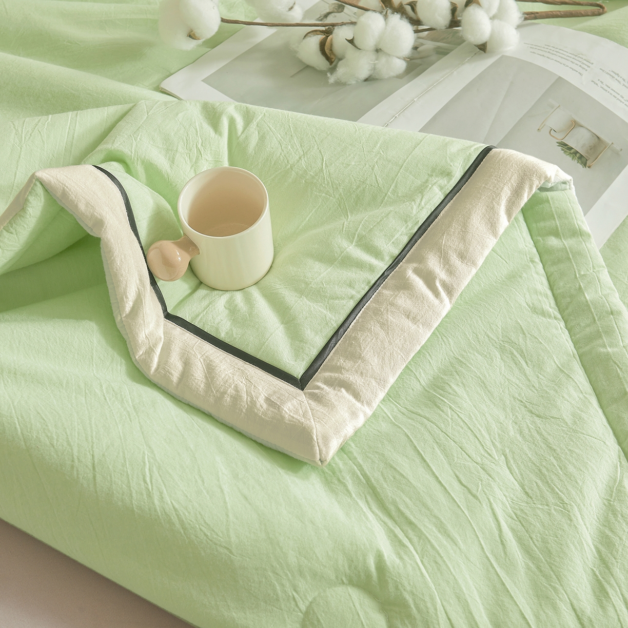 91家纺网 家纺一手货源 找家纺 创优家纺 2026新款新疆棉花夏被无印风纯色100%新疆棉夏凉被空调被棉花夏被棉花被子百分百新疆棉可水洗/可机洗棉花被（专版烫画 盗版必究） 棉朵-奶白绿