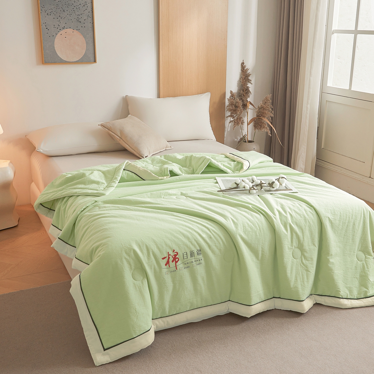 91家纺网 家纺一手货源 找家纺 创优家纺 2026新款新疆棉花夏被无印风纯色100%新疆棉夏凉被空调被棉花夏被棉花被子百分百新疆棉可水洗/可机洗棉花被（专版烫画 盗版必究） 棉朵-奶白绿