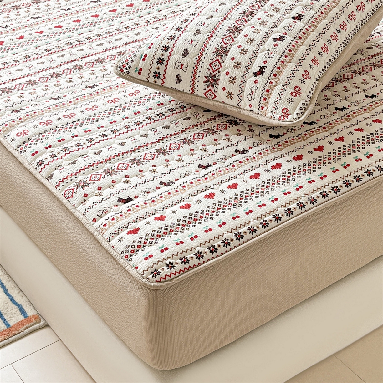 91家纺网 家纺一手货源 找家纺 优眠坊 2026新款亲肤泡芙纱夹棉单床笠床笠单件单品床笠三件套 圣诞小狗-夹棉款