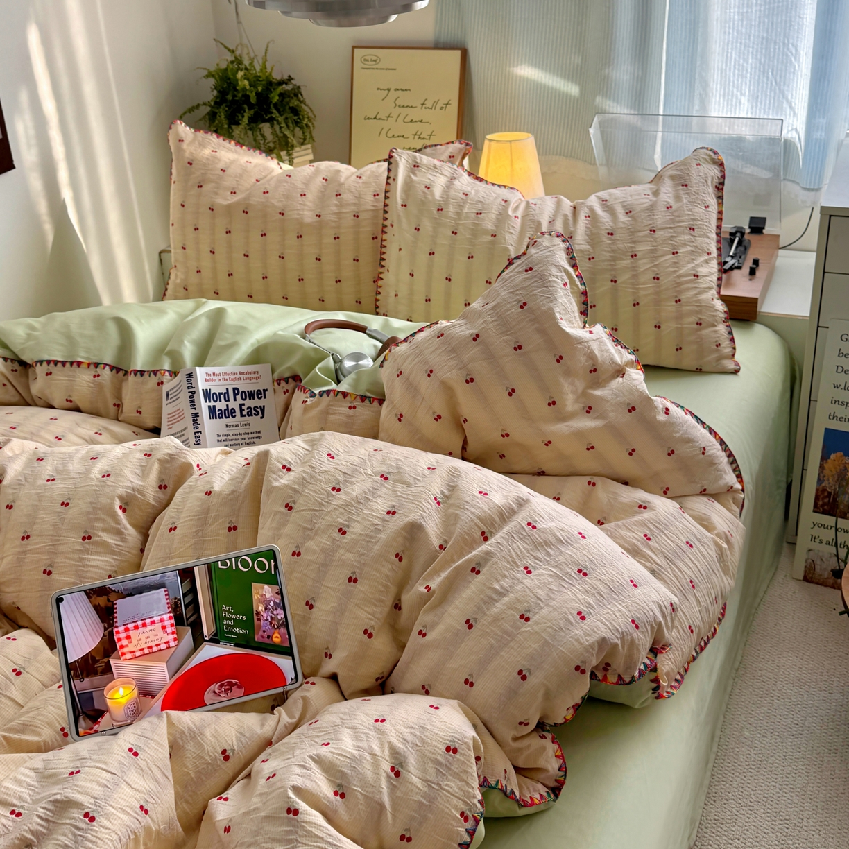 91家纺网 家纺一手货源 找家纺 田野 2026新款全棉水洗提花贝壳边四件套 桔条樱语