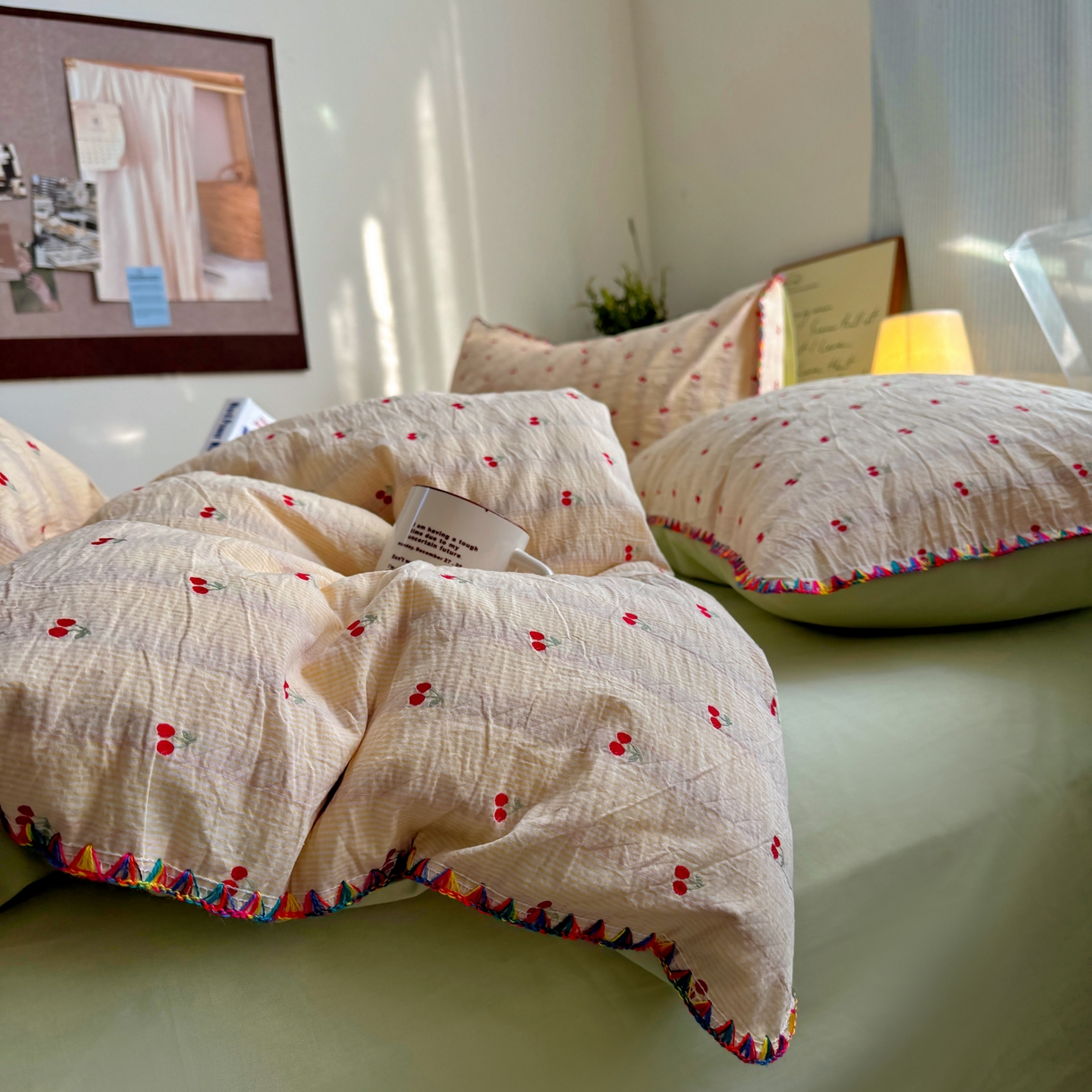 91家纺网 家纺一手货源 找家纺 田野 2026新款全棉水洗提花贝壳边四件套 桔条樱语