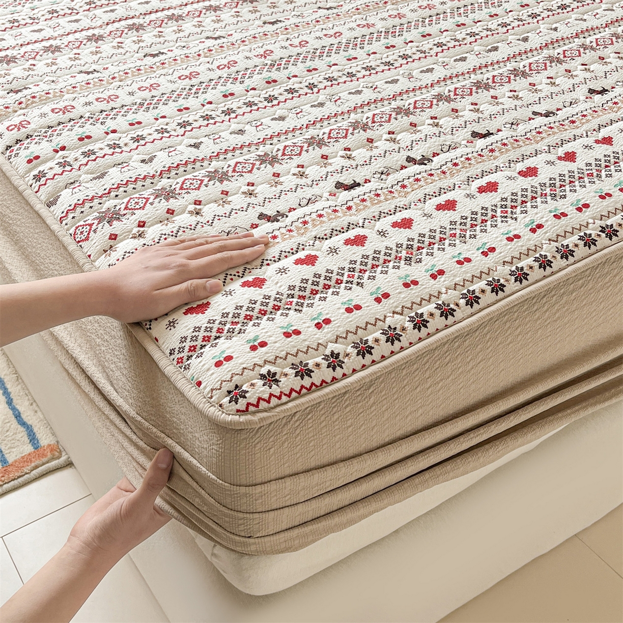 91家纺网 家纺一手货源 找家纺 优眠坊 2026新款亲肤泡芙纱夹棉单床笠床笠单件单品床笠三件套 圣诞小狗-夹棉款