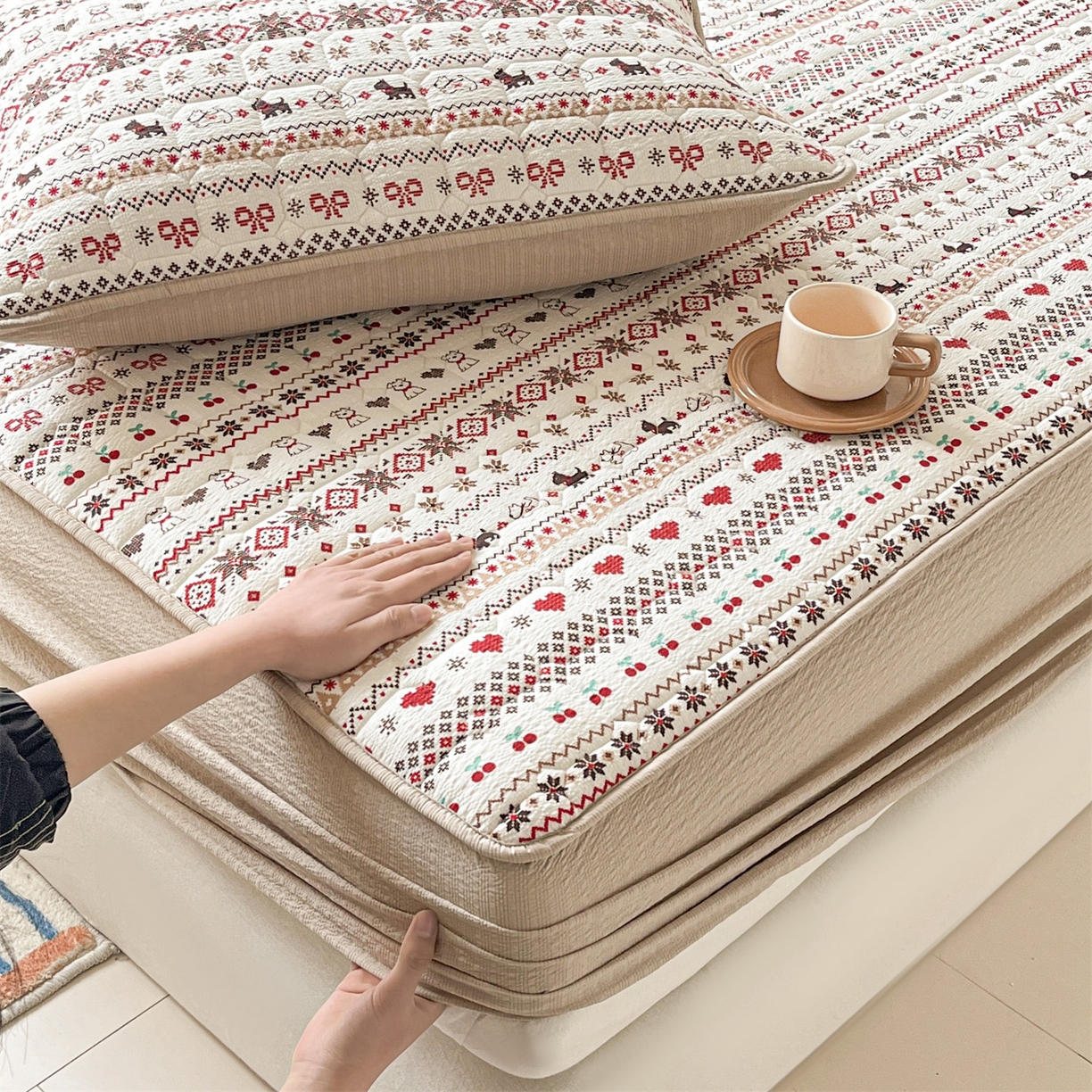 91家纺网 家纺一手货源 找家纺 优眠坊 2026新款亲肤泡芙纱夹棉单床笠床笠单件单品床笠三件套 圣诞小狗-夹棉款