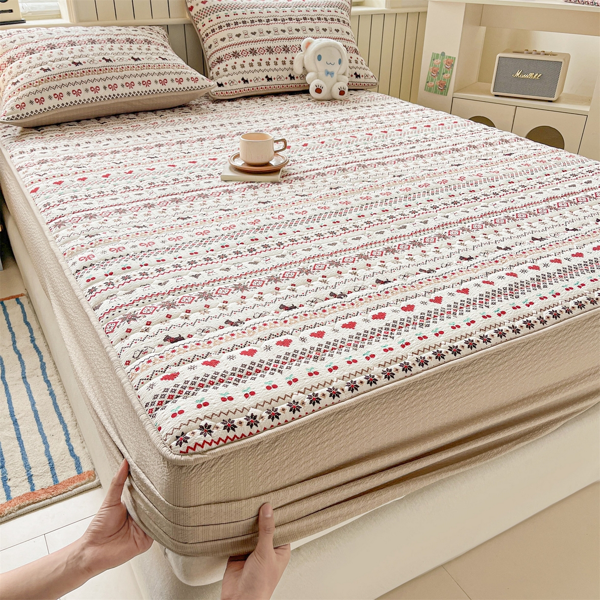 91家纺网 家纺一手货源 找家纺 优眠坊 2026新款亲肤泡芙纱夹棉单床笠床笠单件单品床笠三件套 圣诞小狗-夹棉款